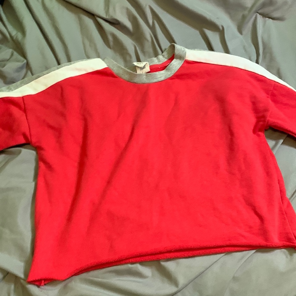 Selling a long sleeve red, grey and white stripped crop top.